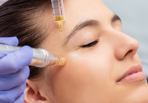 Macro close up of therapist injecting enzymes and with derma pen around woman's eyes.